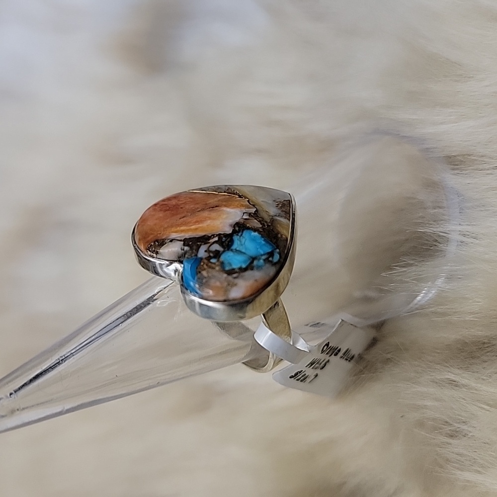 Heart Shape 925 Sterling Silver Statement Ring in Orange Oyster Turquoise Size 7
